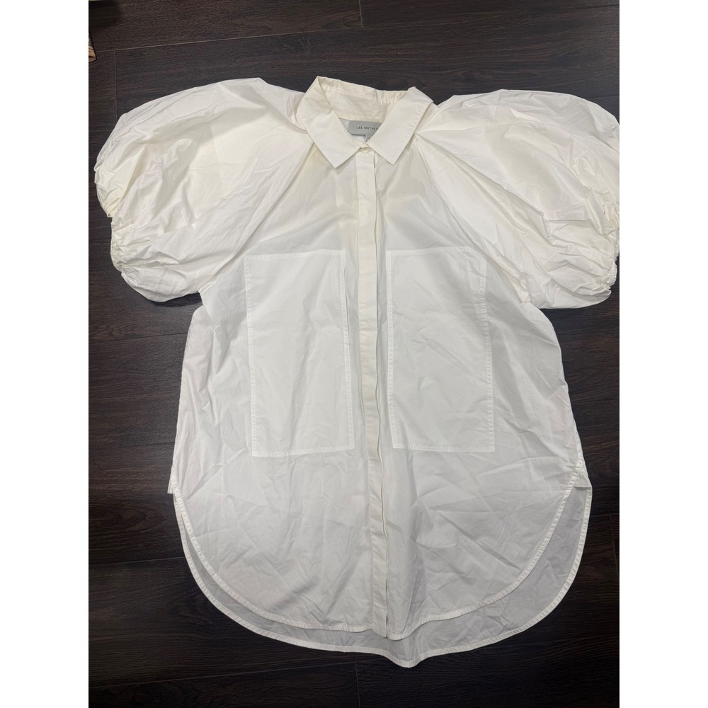 LEE MATHEWS White Oversized Puff-Sleeve Poplin Button-Down Shirt | Size 2